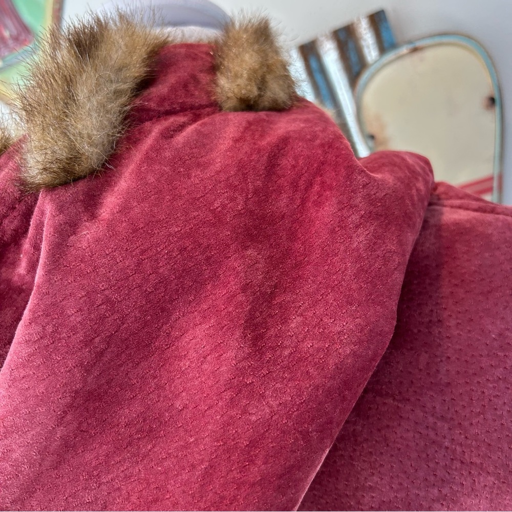 Dennis Basso Cranberry Suede Faux Fur Hooded Coat - Picture 11 of 15